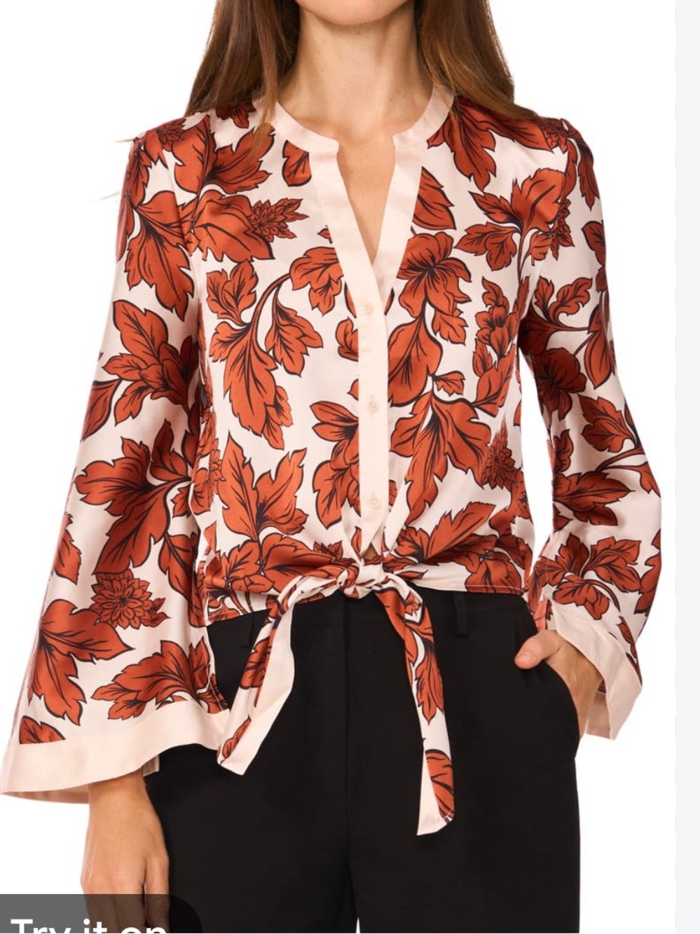 Halogen  beautiful fall  leaves Rust  Tie-Front Blouse